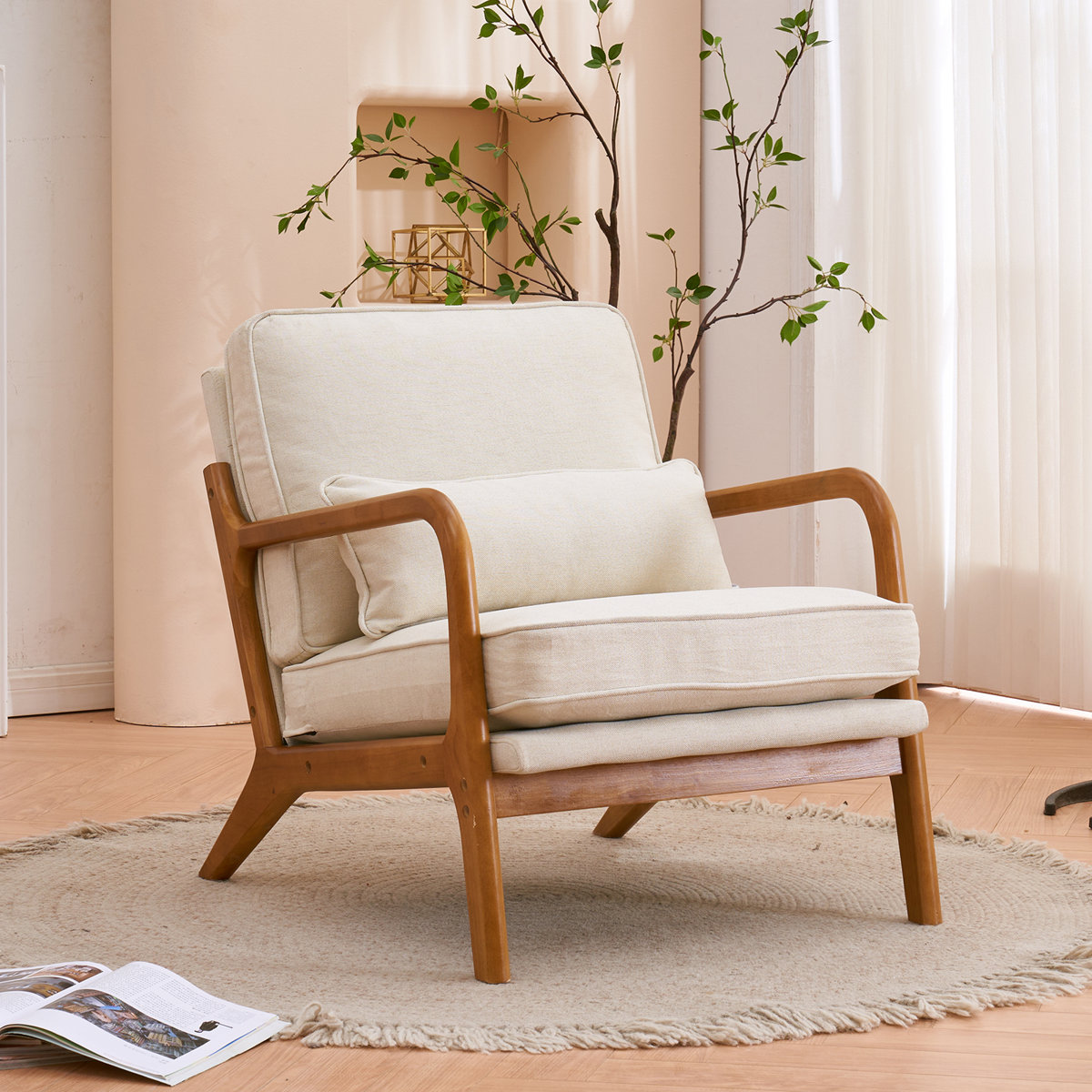 Lemley Mid Century Solid Wood Accent Chair Upholstered Armchair with an Extra Pillow
